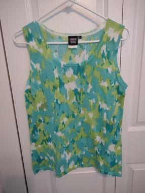 Sharon Young Womens Sleeveless Top  Multicolor Green Abstract Round Neck Sz Med